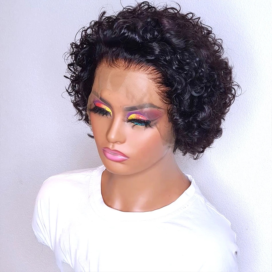Woman wearing reversible short curly pixie style