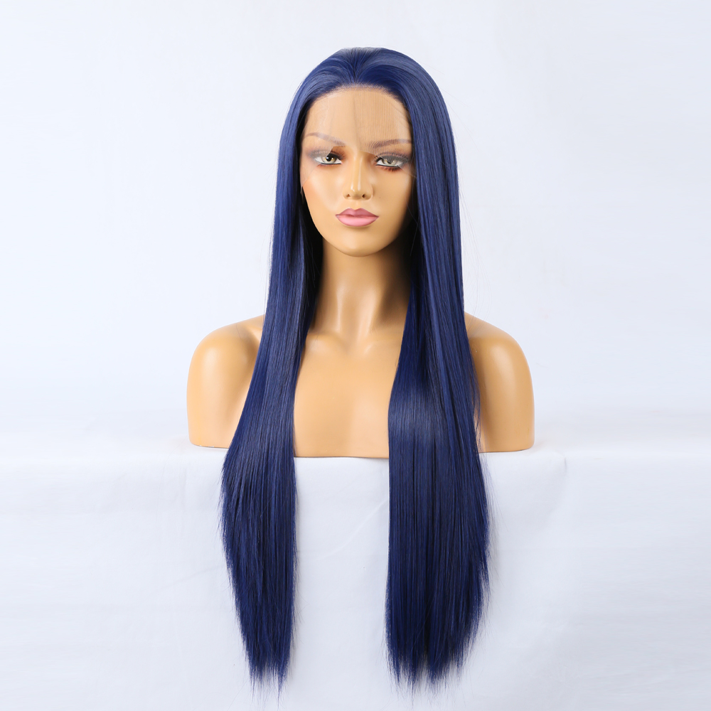Finished navy blue wig look with sleek centered part