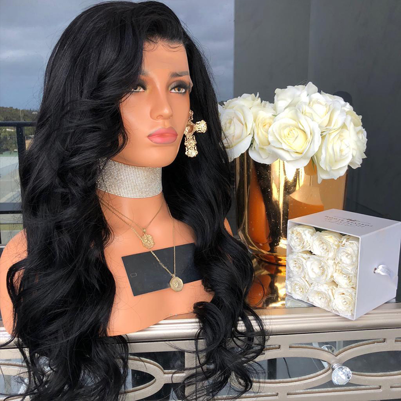 Side silhouette of long black glueless lace wig