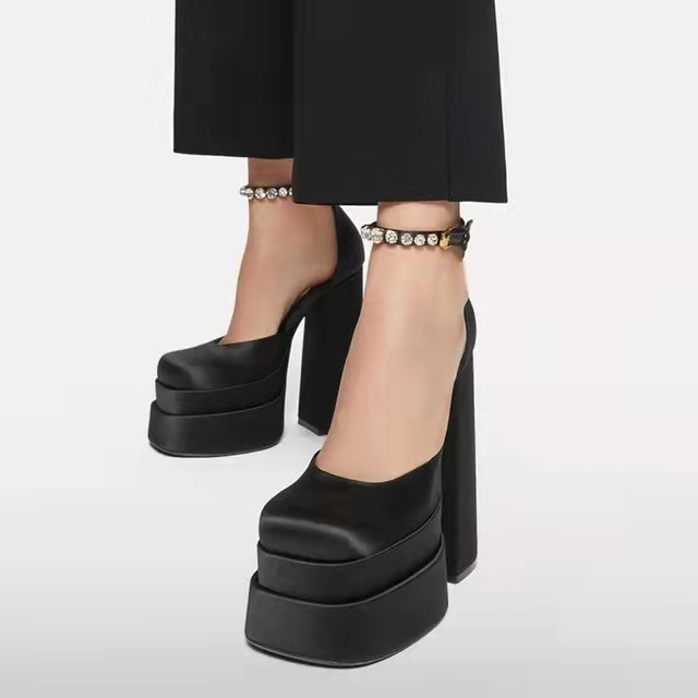 Super High Heel Platform Thick Heel Hollow Square Toe Satin Hate Sky High Baotou Catwalk Sandals High Heels image 9