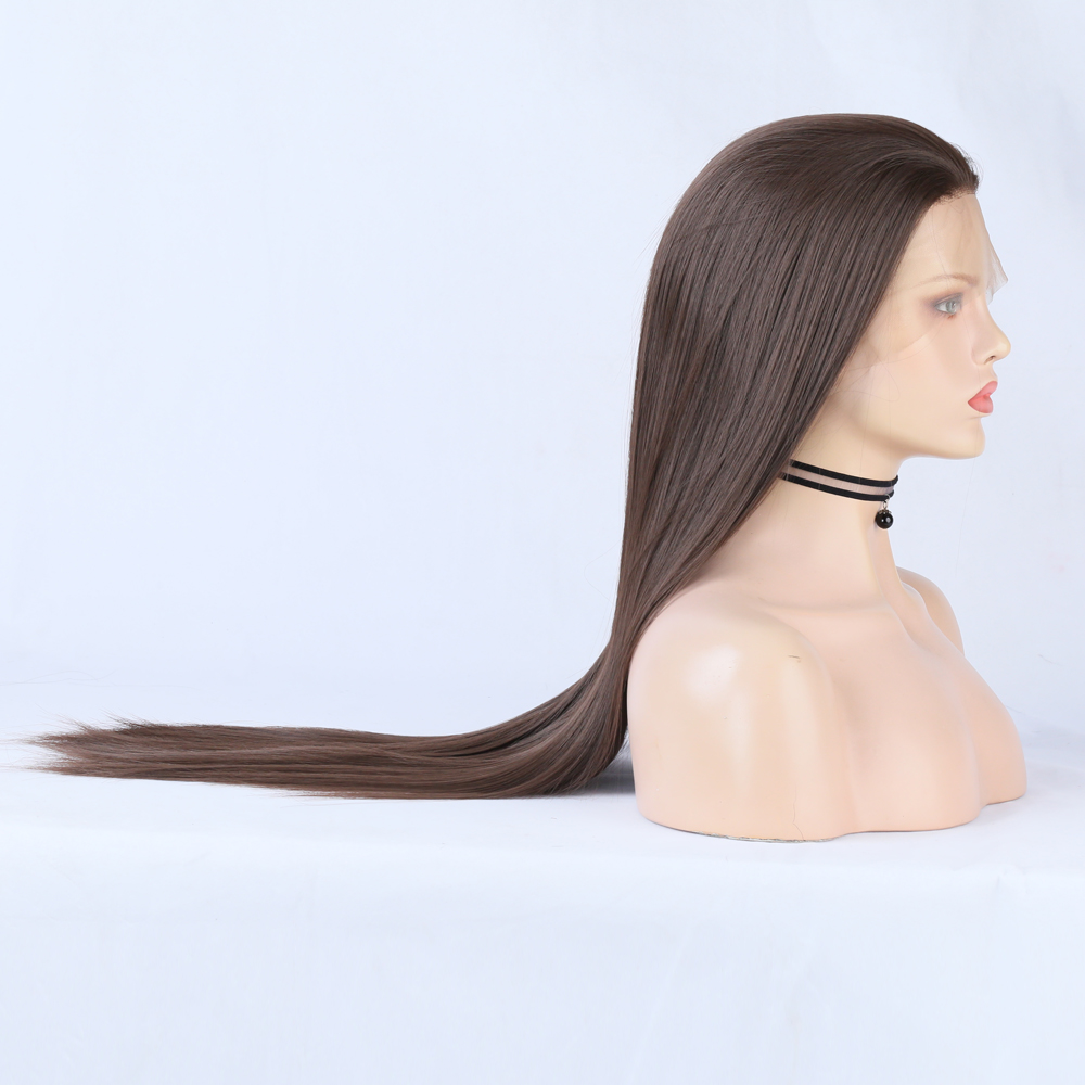 Close view of smooth glossy dark-brown wig strands
