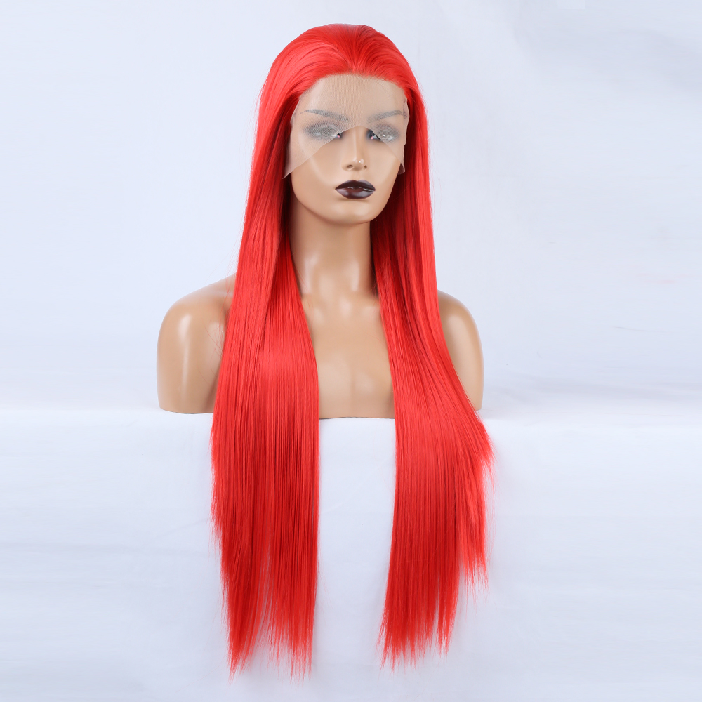 Three quarter view of red wig with smooth face framing
