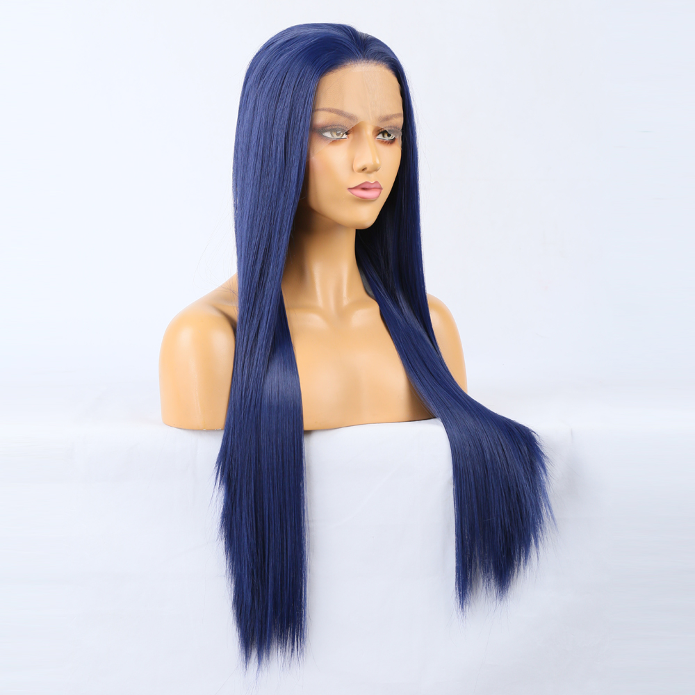 Long bone straight navy wig with smooth flowing ends