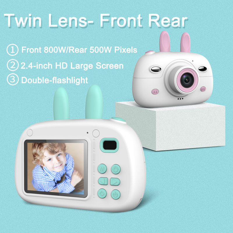 Children's Camera Rabbit Ears Cartoon Mini Small SLR HD Screen Dual Lens Digital Camera Gift For