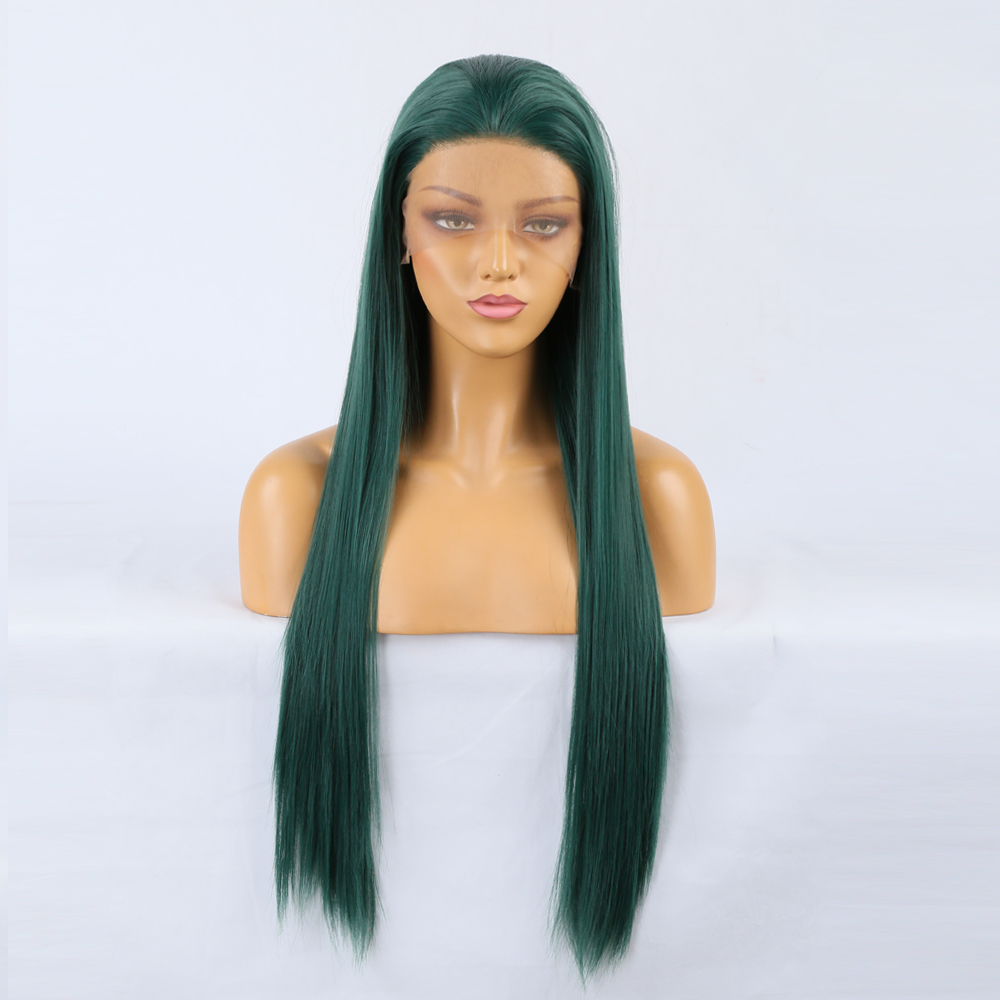 Close view of sleek teal center part and tapered ends