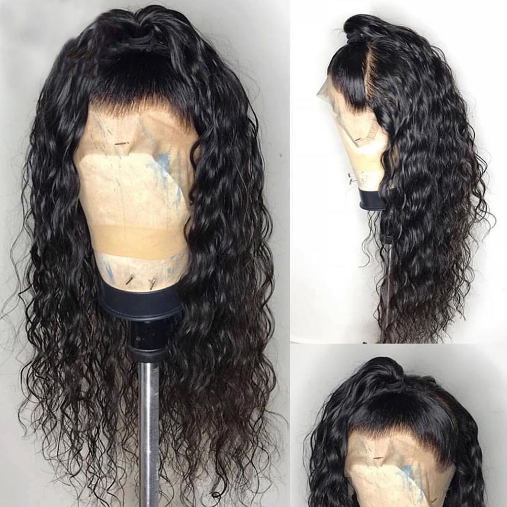 Full-length black wig showing dense defined curls