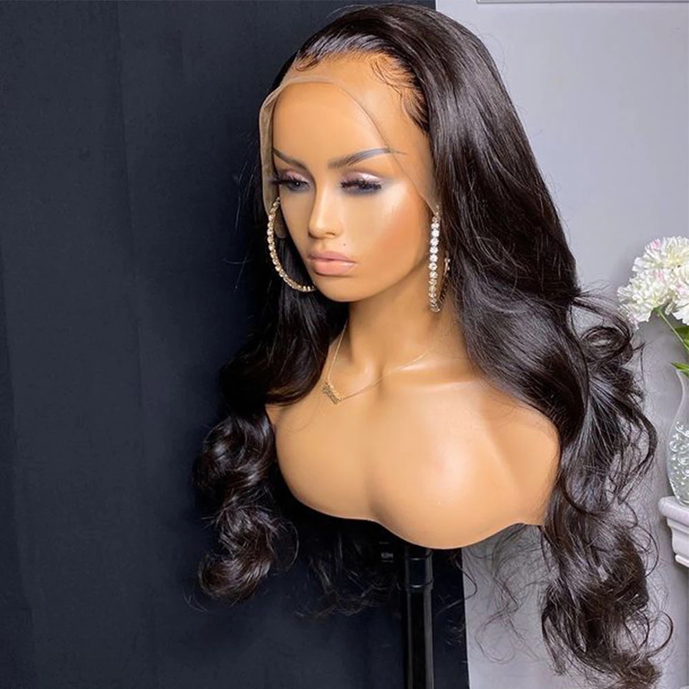 Side-parted lace front wig with flowing dark waves
