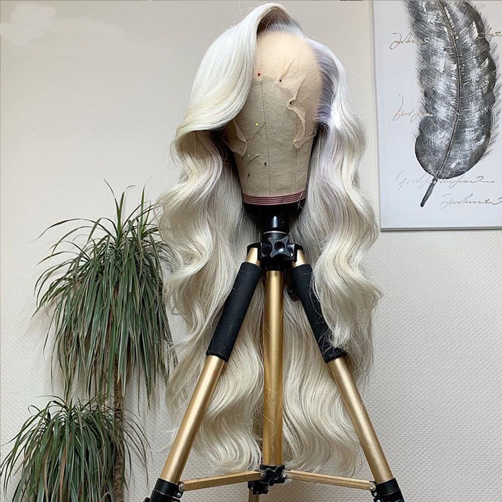 Close front view of platinum lace front wig