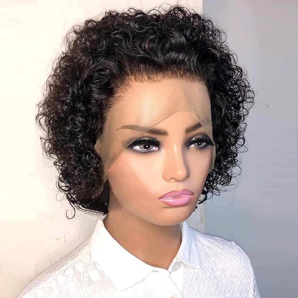 Three-quarter view of lace-front pixie wig
