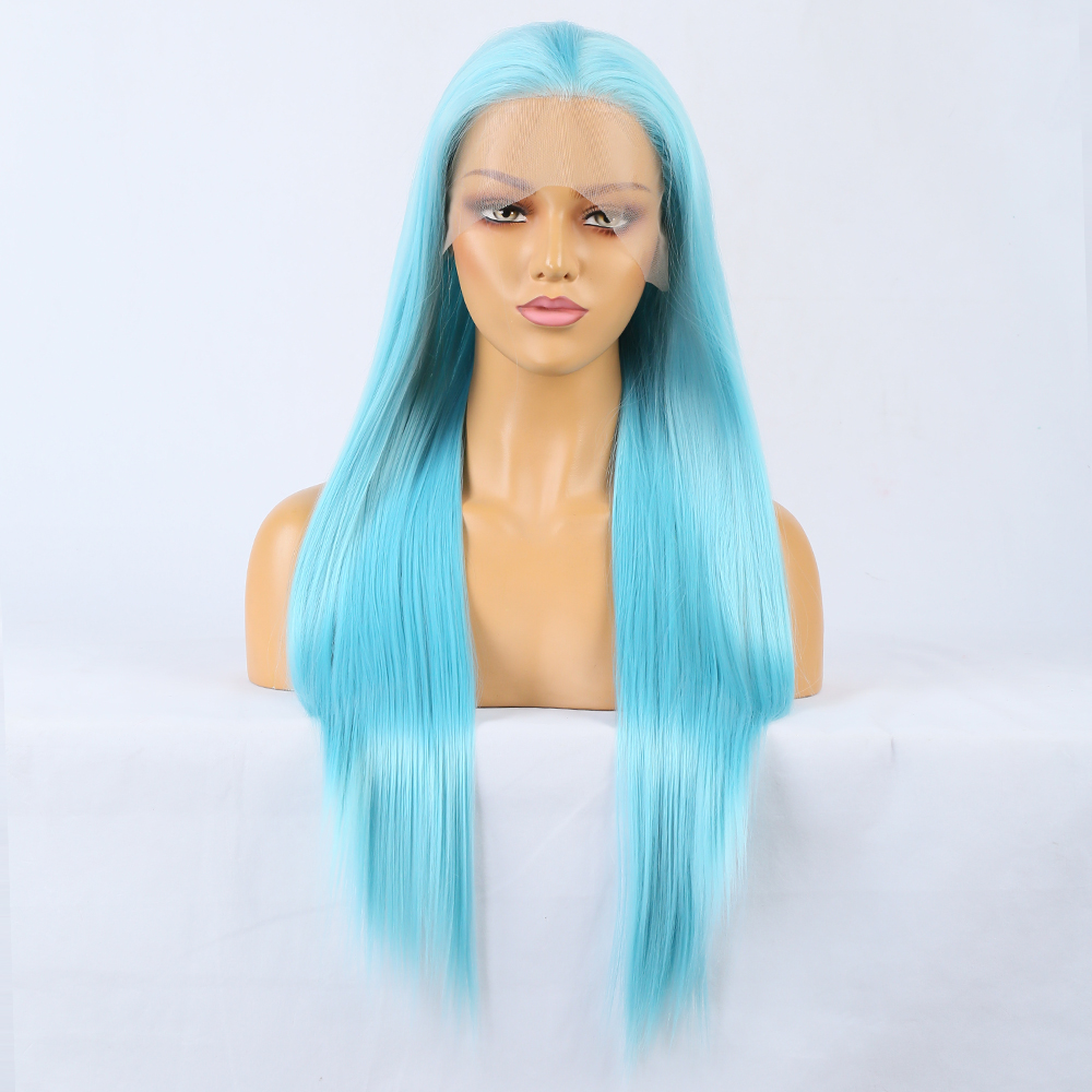 Front view of vivid aqua blue wig color