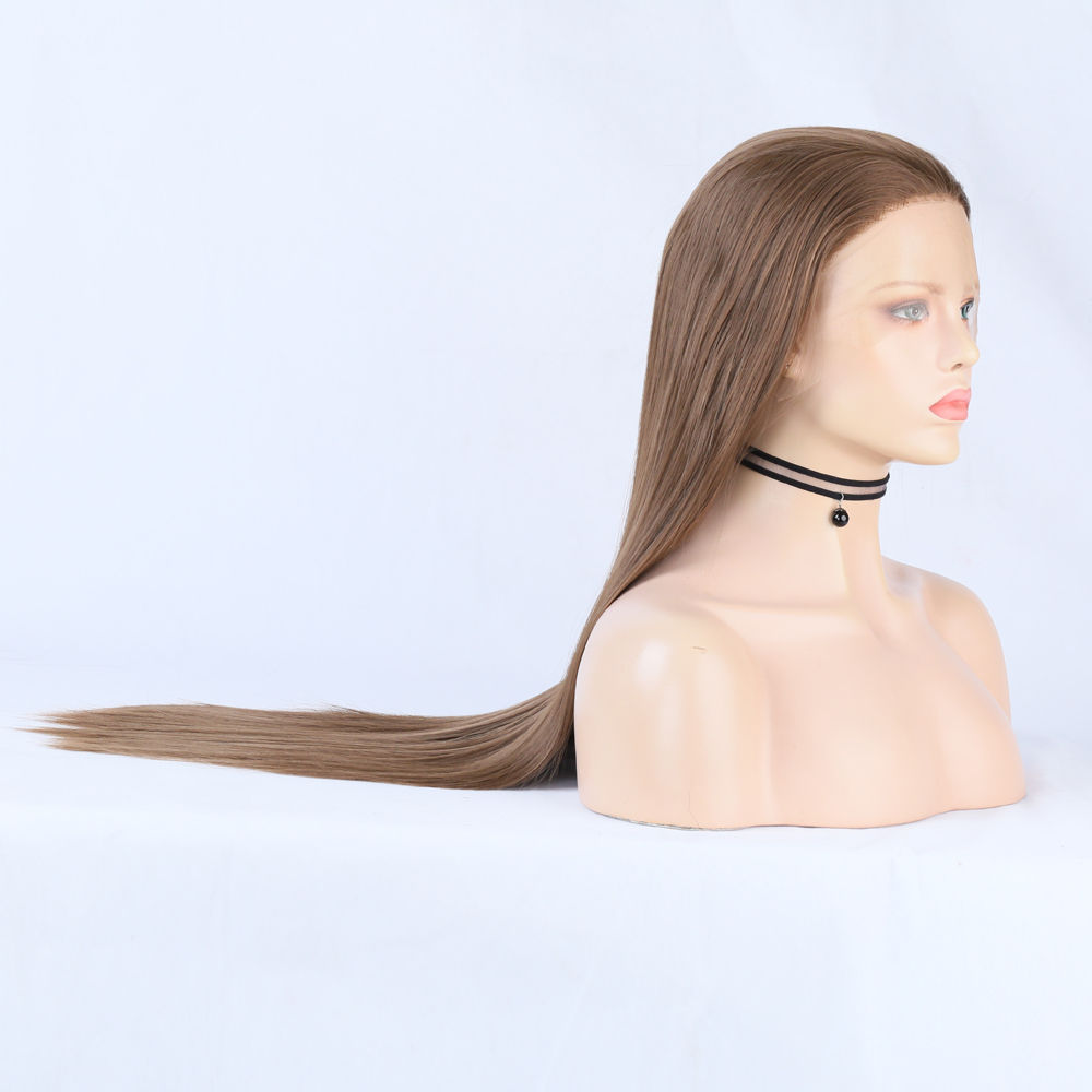Side silhouette showing full-length brunette wig coverage