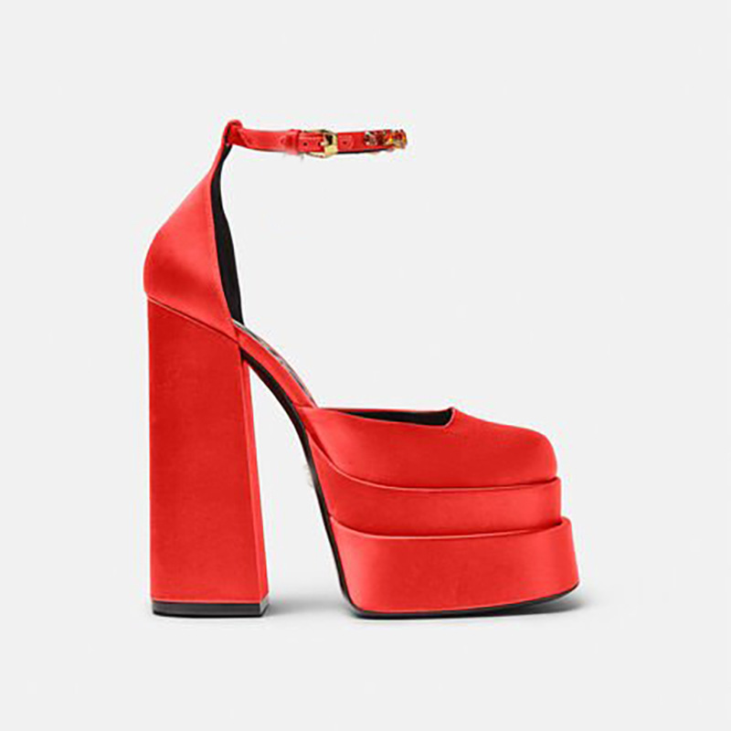 Super High Heel Platform Thick Heel Hollow Square Toe Satin Hate Sky High Baotou Catwalk Sandals High Heels image 7