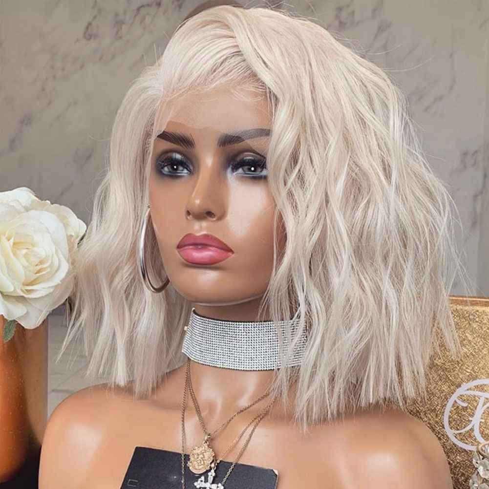 Close three quarter view of natural lace front wig