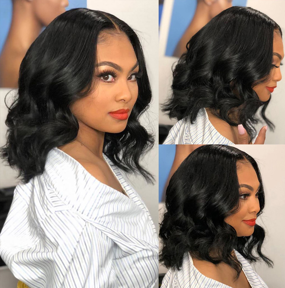 Woman modeling short curly bob with face-framing waves