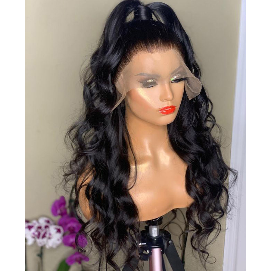 Three-quarter black wig showing long cascading curl length