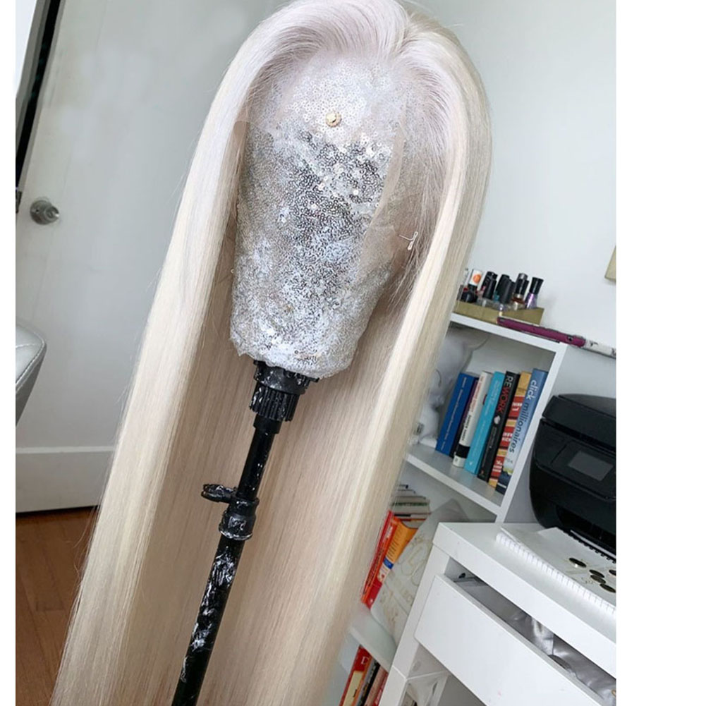 Front view of long platinum wig on mannequin