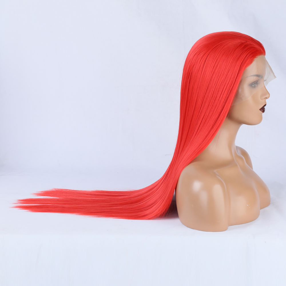 Long red synthetic wig flowing behind mannequin shoulders