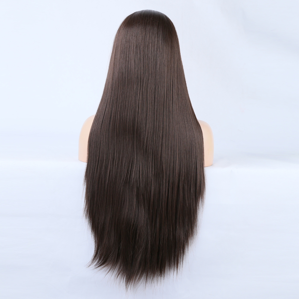 Rear view of full-length dark-brown wig