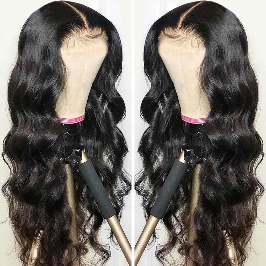 Black wig showing lace hairline and center part