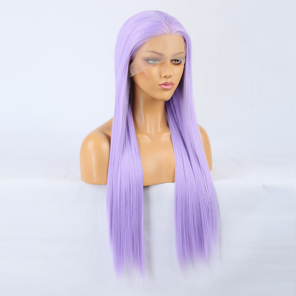 Three-quarter view of long straight lavender wig