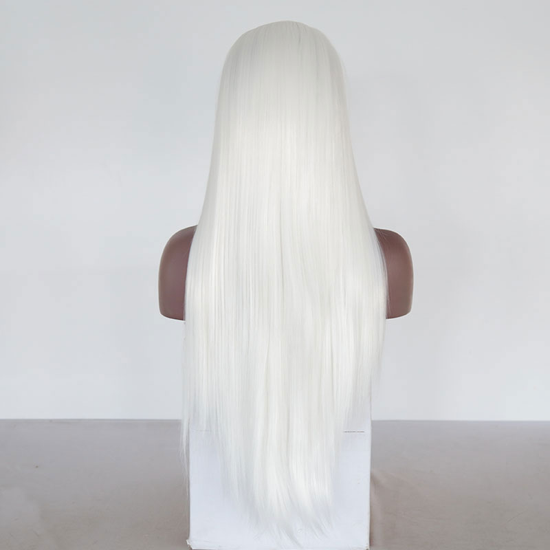 Back view showing full coverage and long straight white fibers