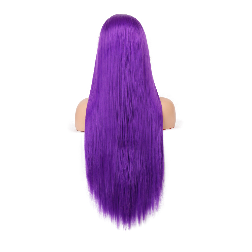 Rear view showing smooth aligned purple synthetic strands