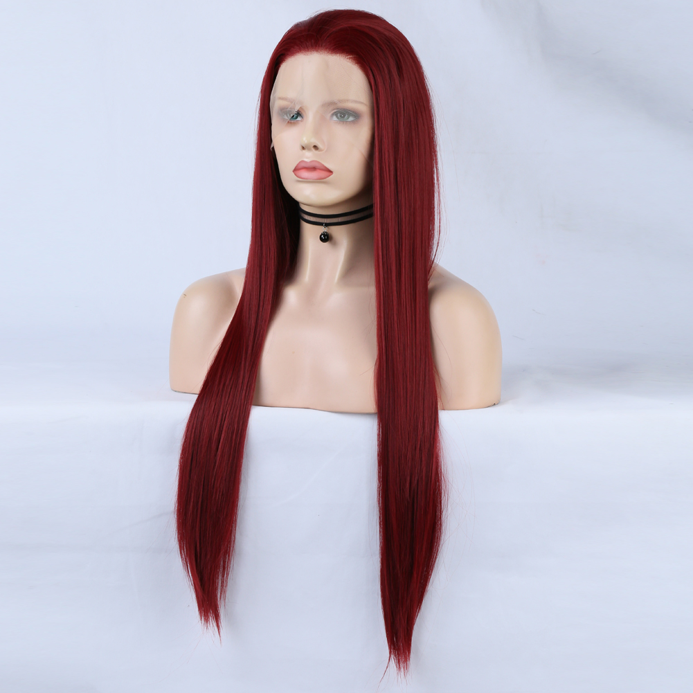 Long straight burgundy wig framing mannequin face
