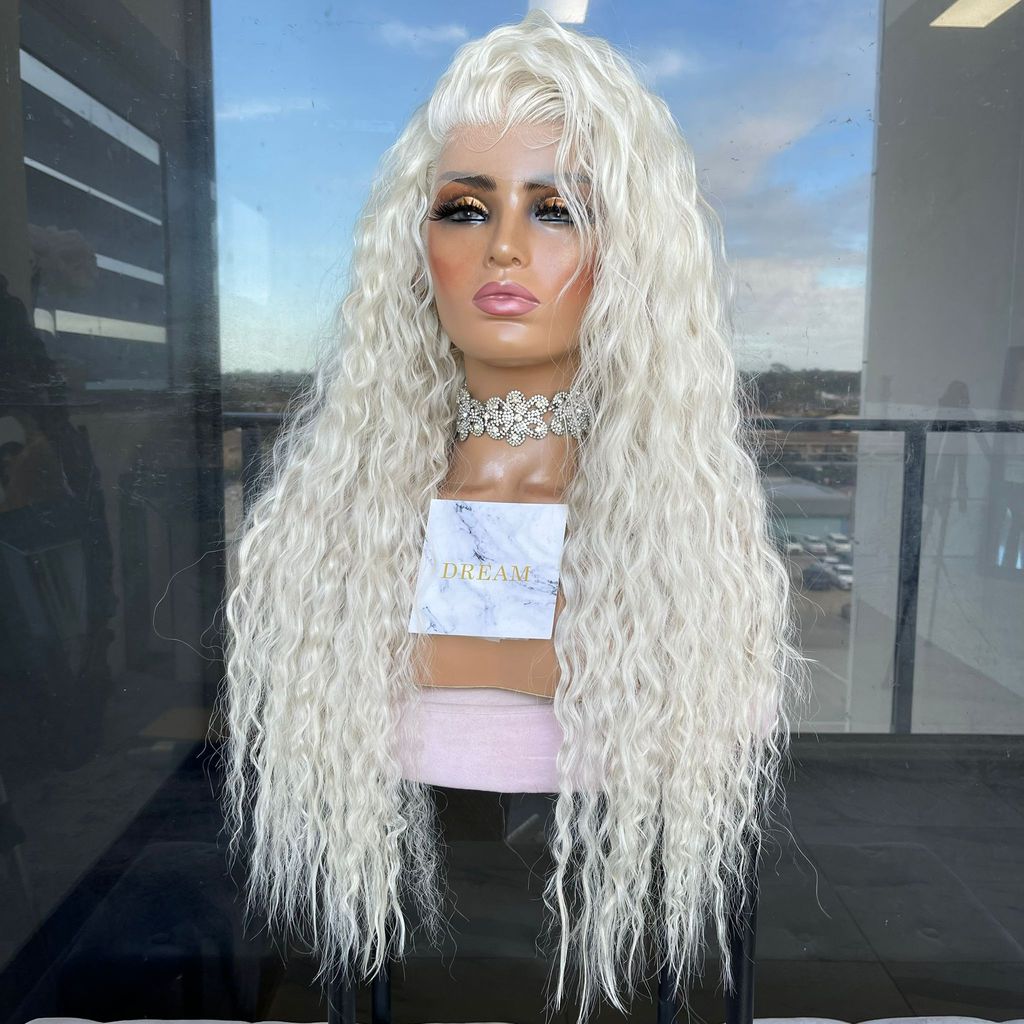 Three-quarter view of face-framing blonde wig layers