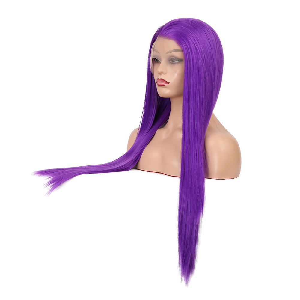 Long straight purple wig flowing over shoulder