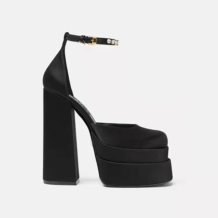 Super High Heel Platform Thick Heel Hollow Square Toe Satin Hate Sky High Baotou Catwalk Sandals High Heels image 5