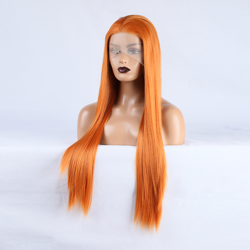 Center part and face-framing orange wig strands