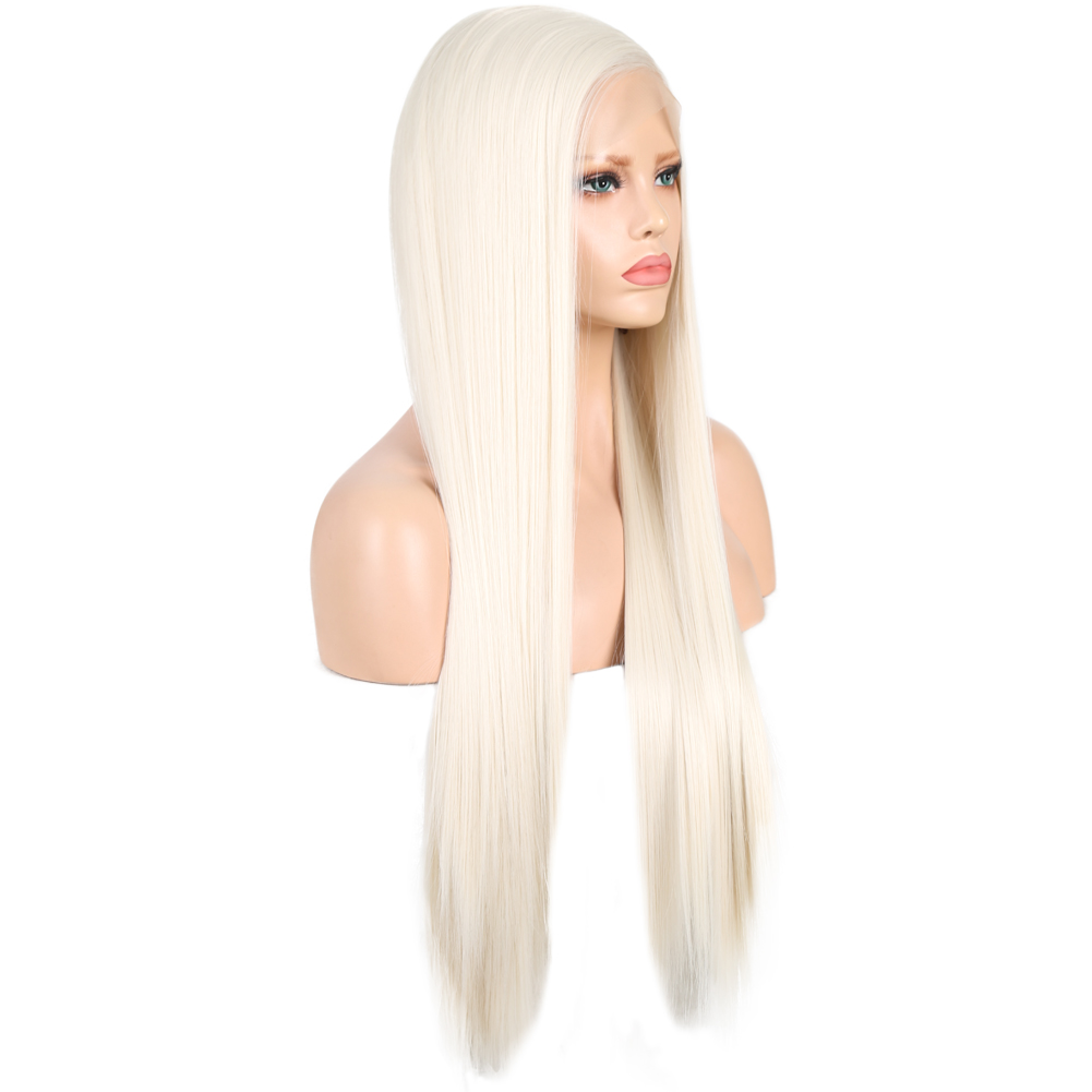 Three-quarter right view of long platinum straight wig
