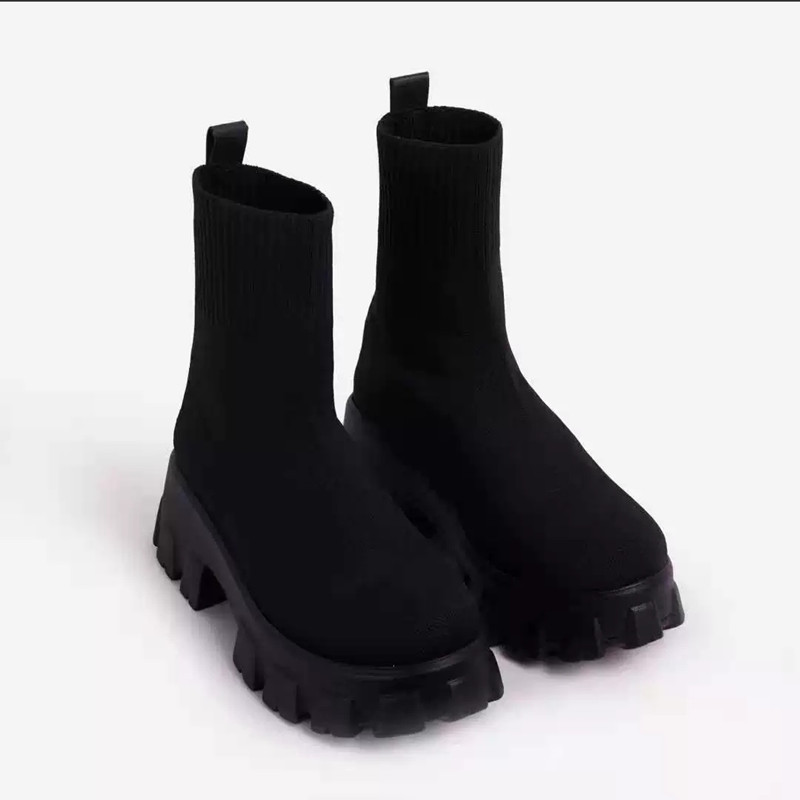 Thick Heel Black Martin Boots Women's Spring Flying Woven Outer Wear Casual Mid-Tube Black Boots