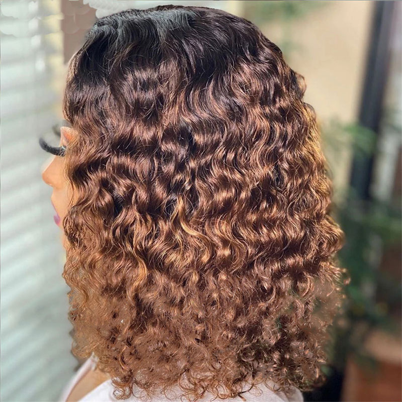 Defined glossy curls on short warm brown wig
