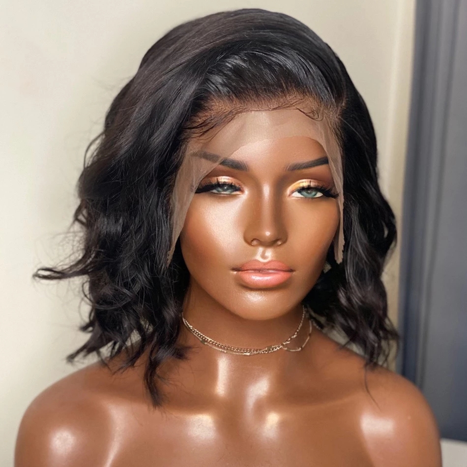 Short black wig showing side-swept volume and curls