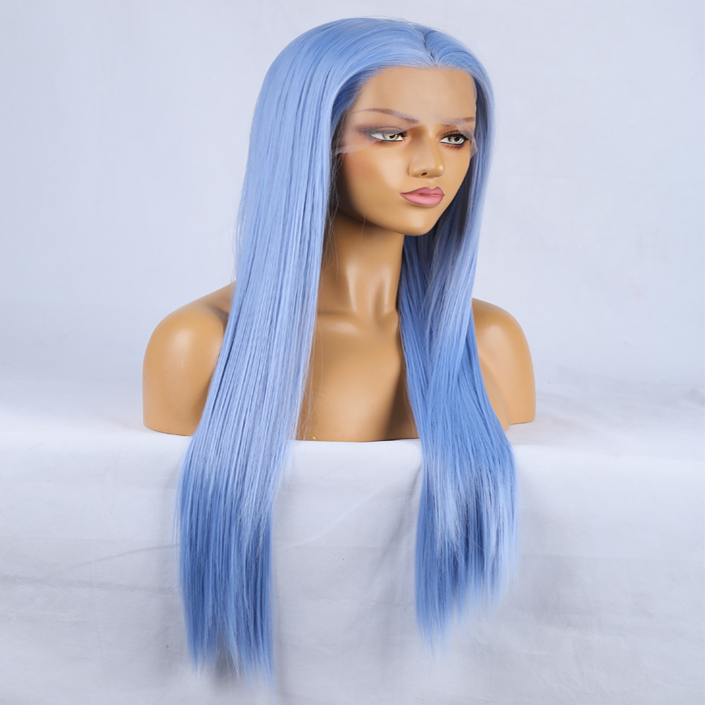 Angled view of sleek blue wig framing mannequin face