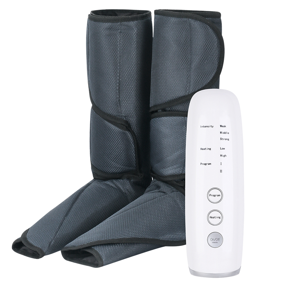 Charcoal grey mesh leg massage sleeves laid flat, segmented black compression channels visible, ready to relieve tired legs