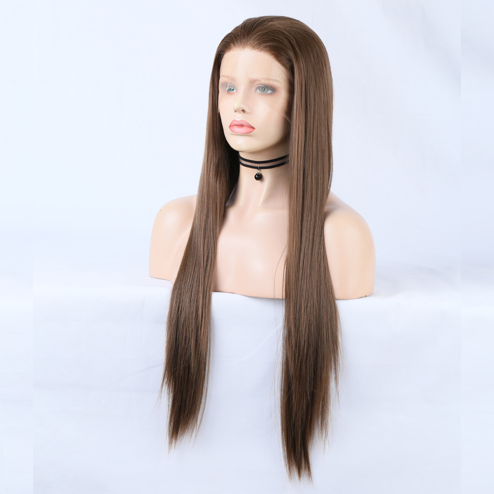 Lace-front part and smooth brown wig fibers close-up