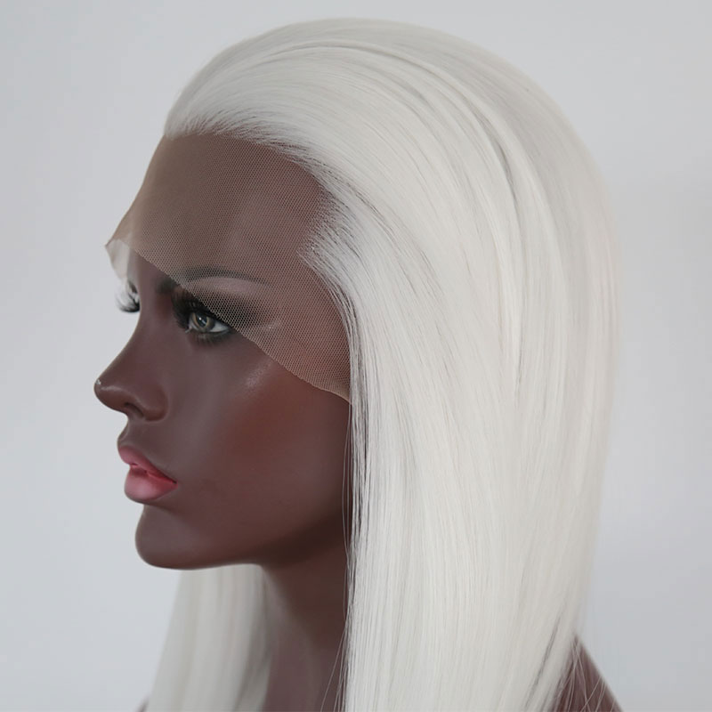 Side close-up of sheer lace front and smooth white wig strands
