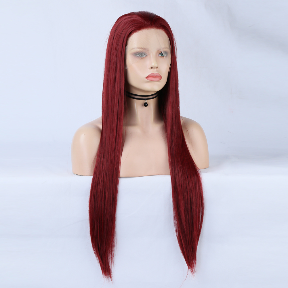 Balanced center-part wine-red wig from side angle