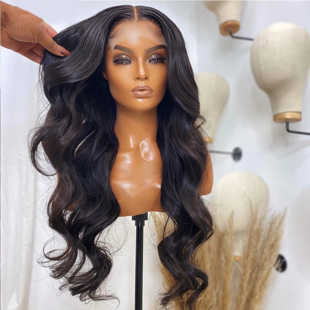 Close view of thick deep-wave synthetic wig body