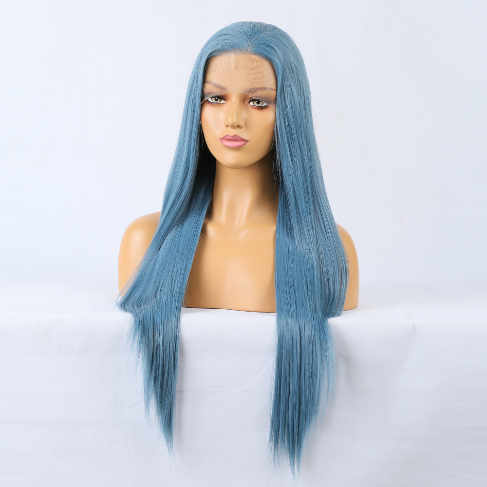 Macro view of aligned matte blue wig fibers