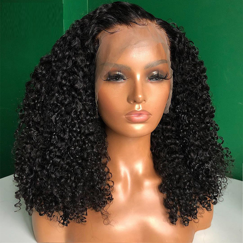 Front view of glossy black curly wig with side part