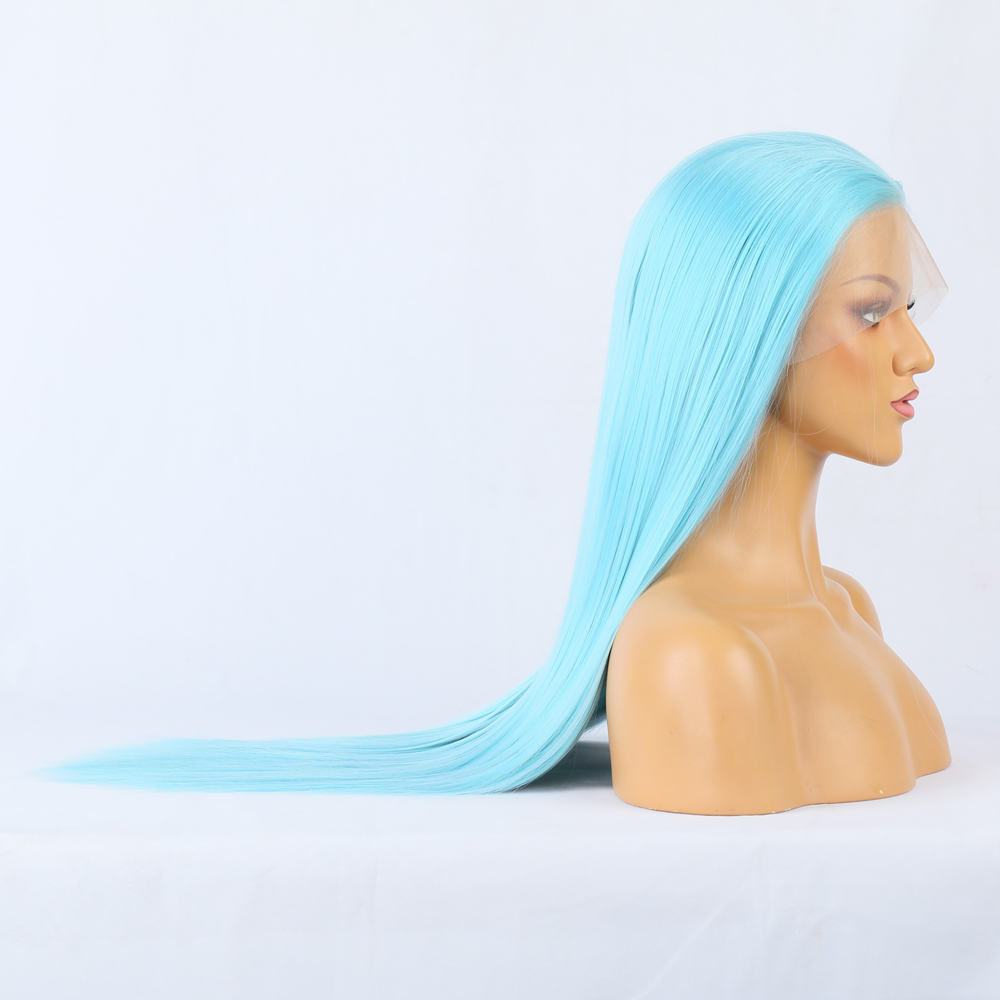 Long straight aqua wig falling smoothly down back