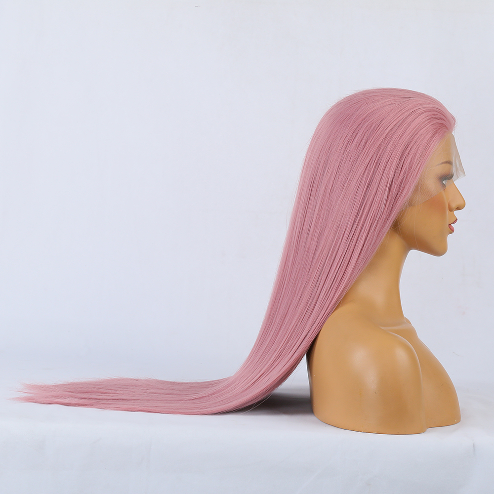 Side profile of very long straight pink wig