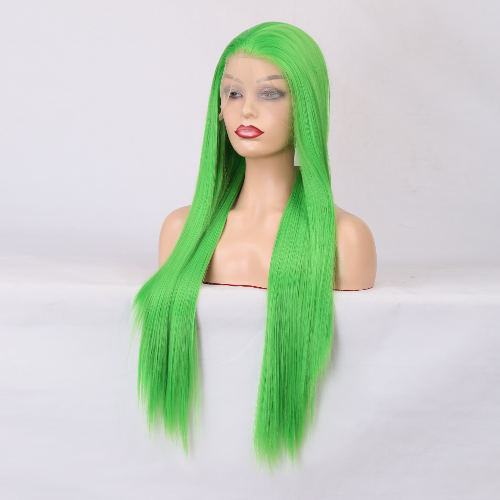 Bright lime green wig with smooth face-framing strands