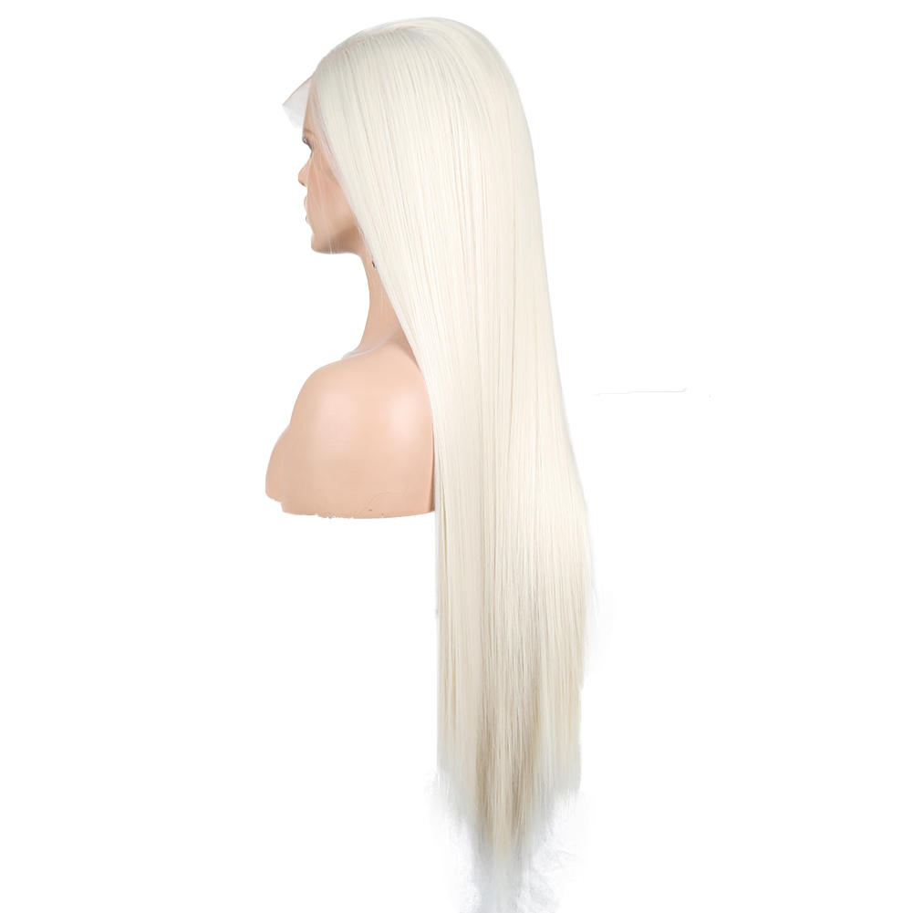 Rear view showing flowing platinum synthetic hair strands
