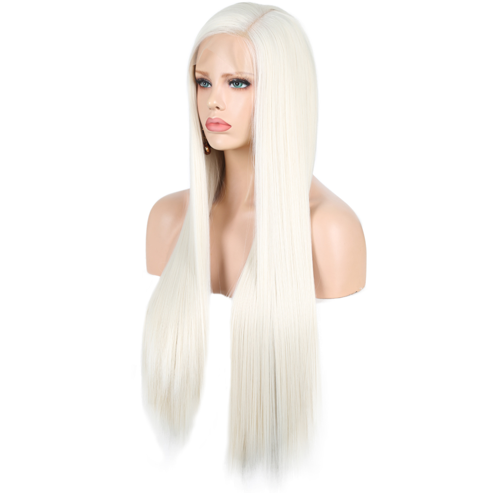 Three-quarter left view of smooth platinum wig length