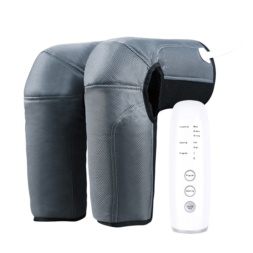 Dual gray nylon leg sleeves with wireless handheld controller displaying intensity, heating, and program buttons on a clean light background