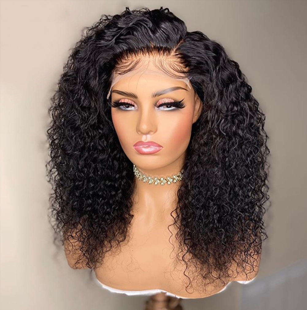Three-quarter view of finished pre-styled curly wig